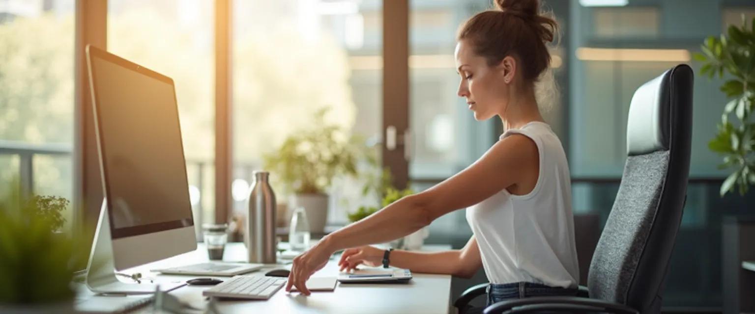 Professional performing micro-movement breaks for health wellbeing at work at their desk