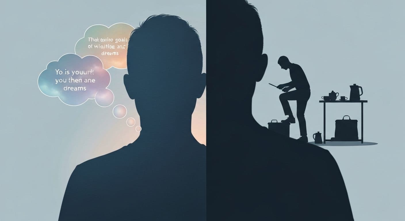 Person reflecting on private and public self awareness while looking in mirror, representing alignment between thoughts and actions