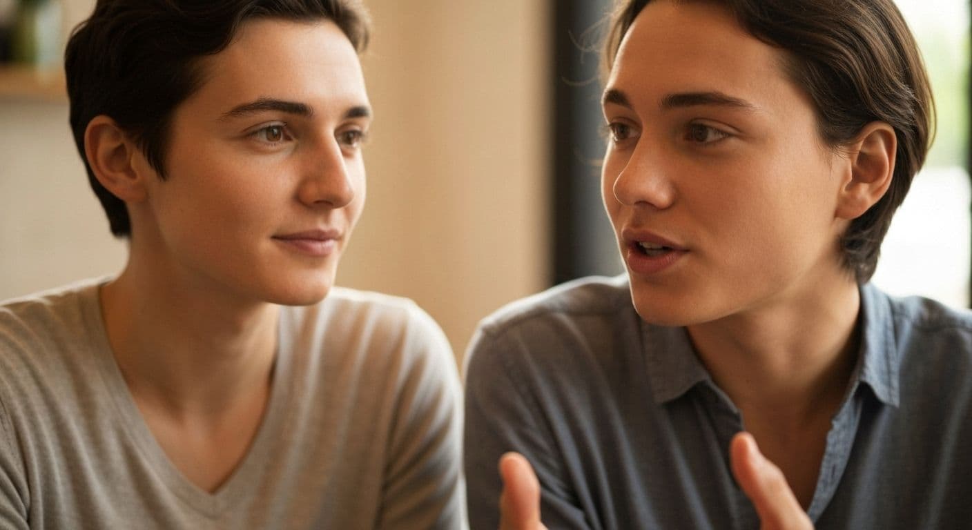 Two people having a mindful conversation with engaged body language and eye contact