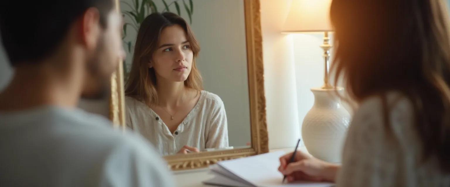 Person practicing self-awareness techniques to know yourself better through mirror work and journaling