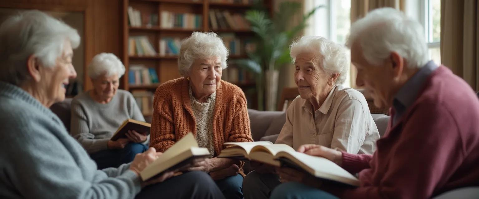 Seniors discussing grief share books in a supportive retirement community circle