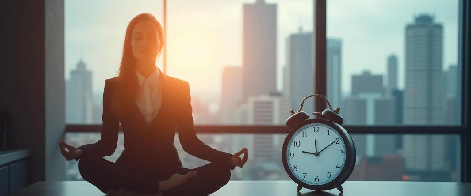 Professional practicing 5-minute meditation for mental health at desk