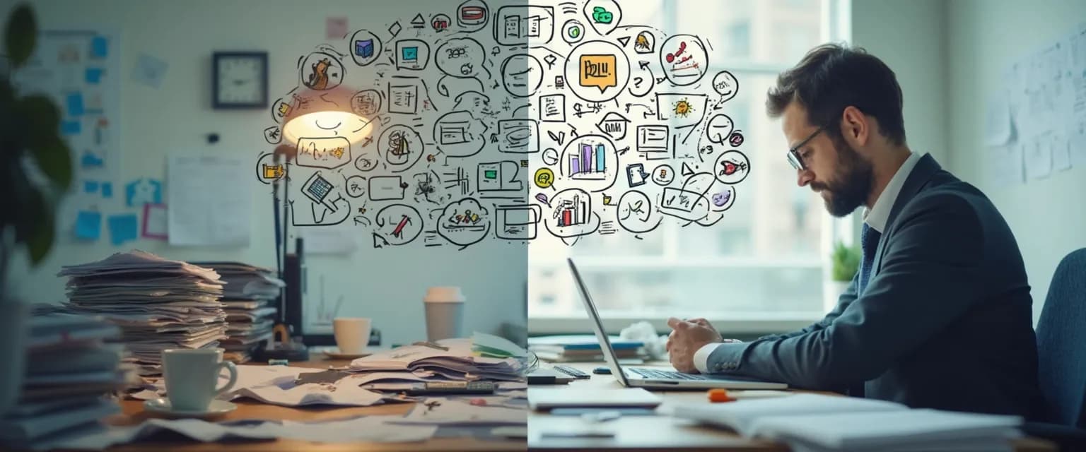 Person decluttering their mind and workspace for improved productivity