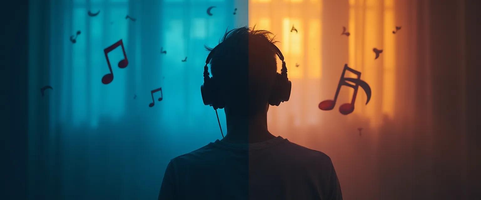 Person listening to breakup sad music with headphones while reflecting on healing