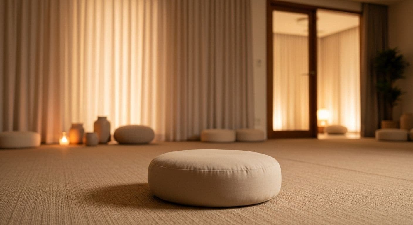 Person practicing trauma sensitive mindfulness with eyes open in a safe, comfortable environment