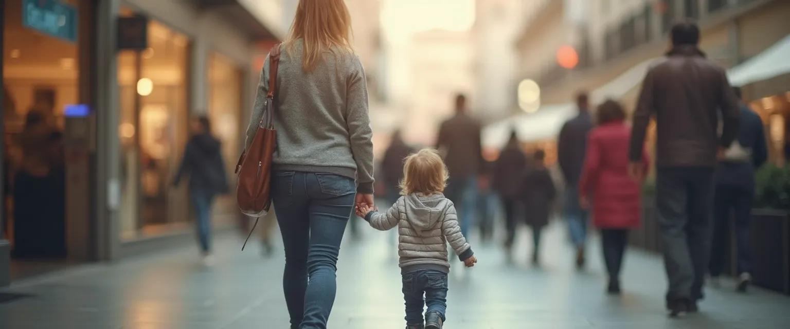 Parent and child practicing situational awareness skills in a public setting