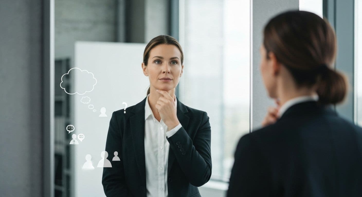 Professional demonstrating human self awareness through mindful reflection in workplace setting