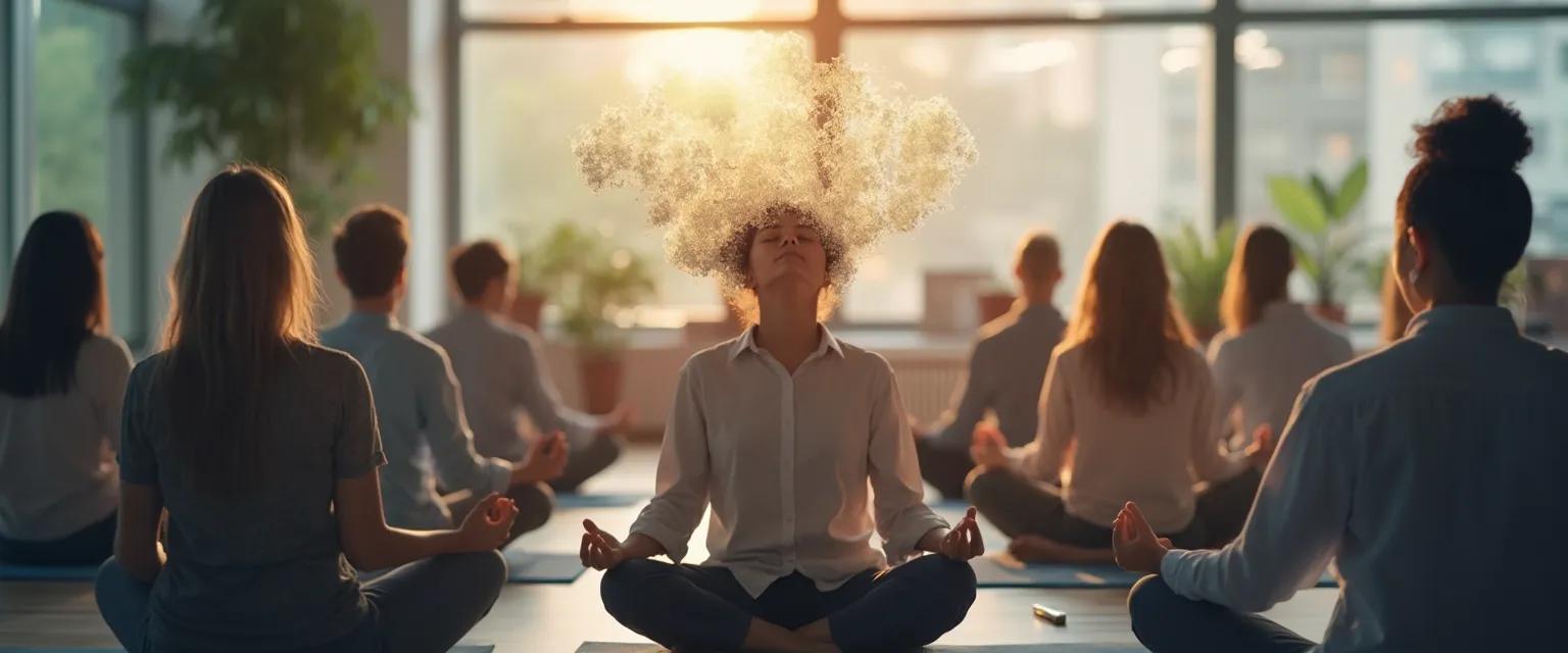 Professional using One Giant Mind meditation techniques to reduce workplace stress