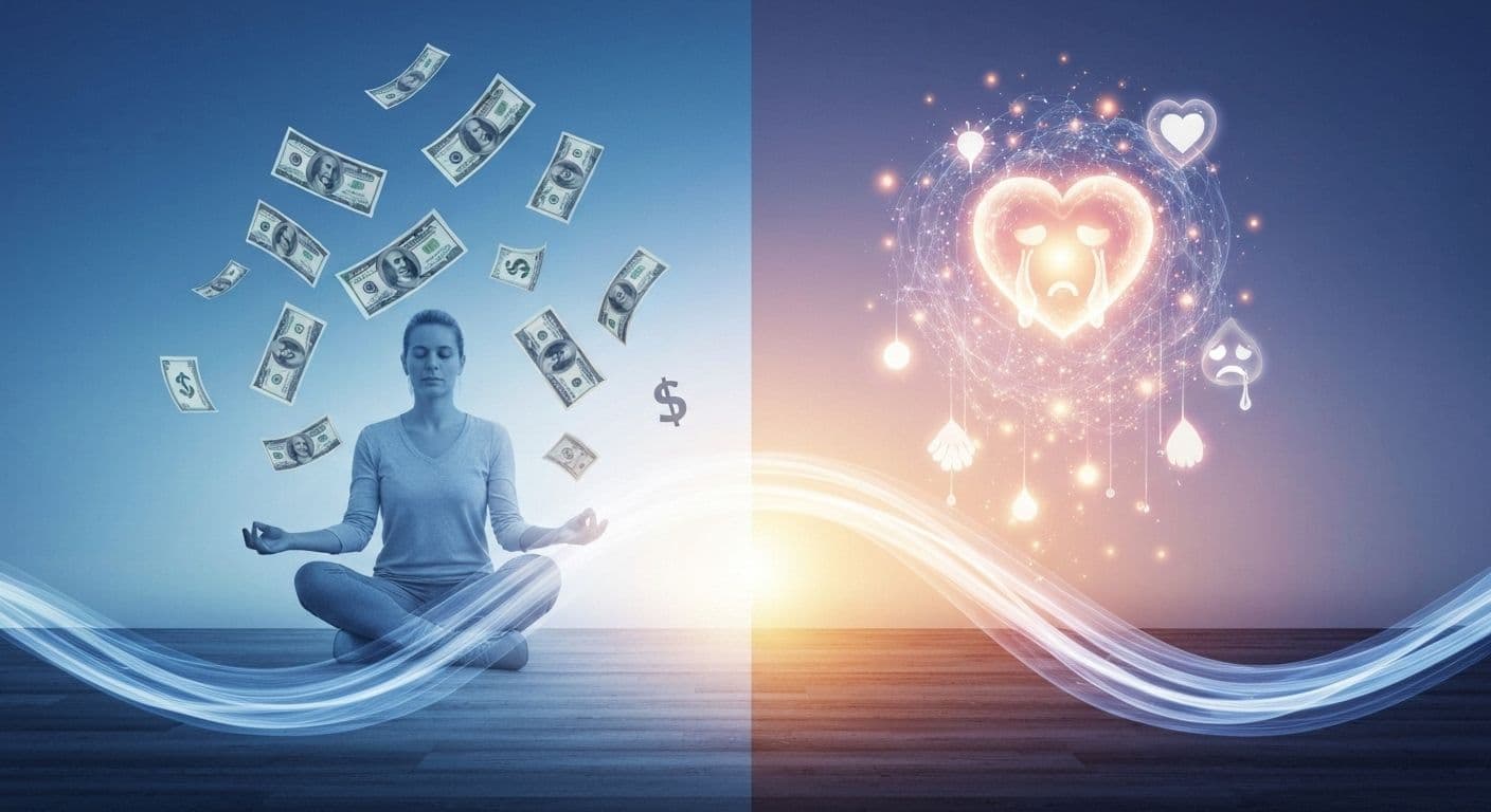 Person practicing money mindfulness with emotional awareness while reviewing finances calmly