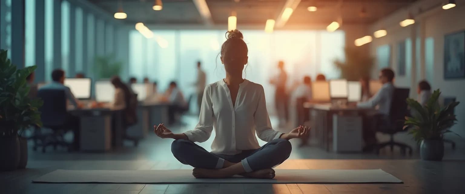 Professional practicing embodied self-awareness techniques at desk in busy office environment