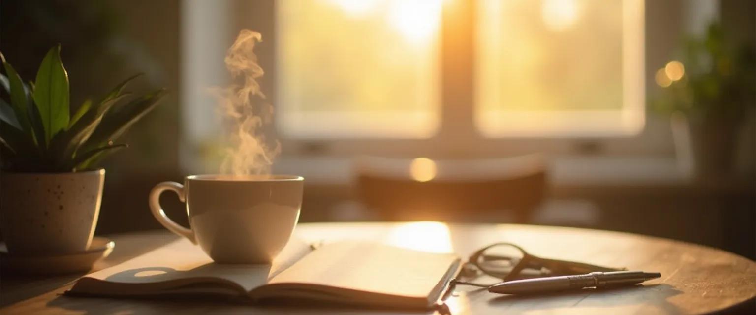 Woman practicing mindful Monday rituals at her desk with a cup of tea