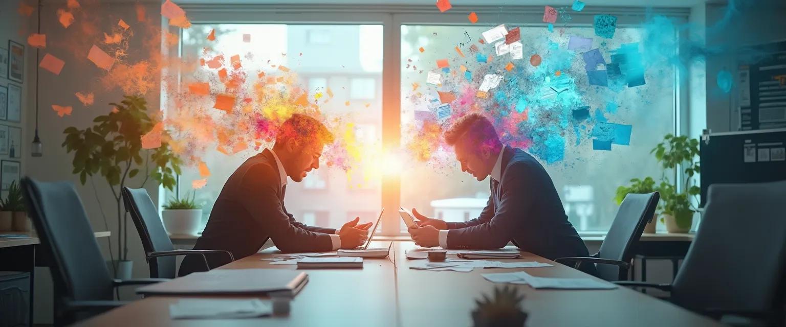 Professional using mind engineering techniques to transform workplace stress into creative solutions