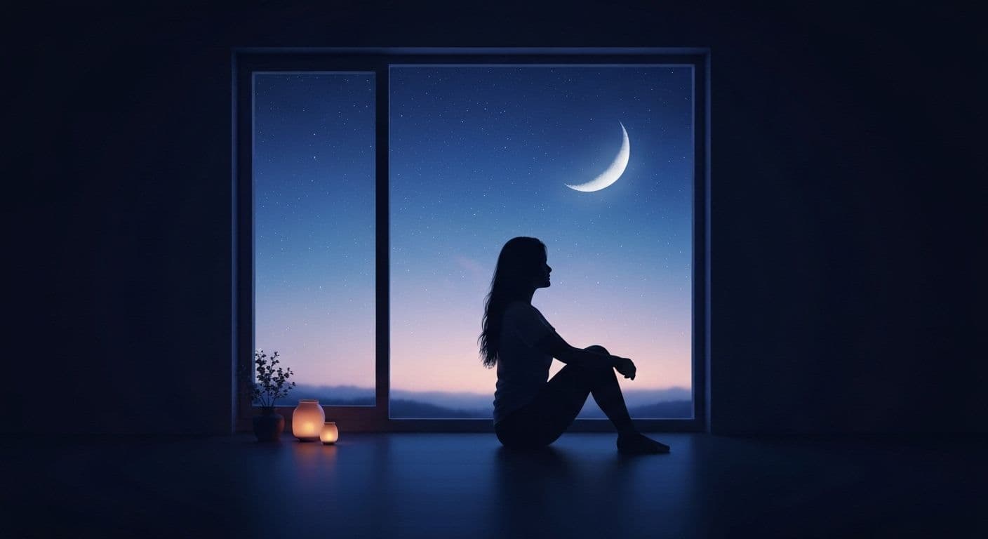 Person practicing grief mindfulness meditation in peaceful evening setting with soft lighting