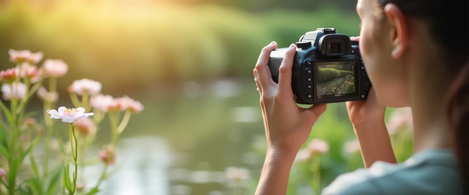 Person practicing mindful photography outdoors as part of mental health recovery