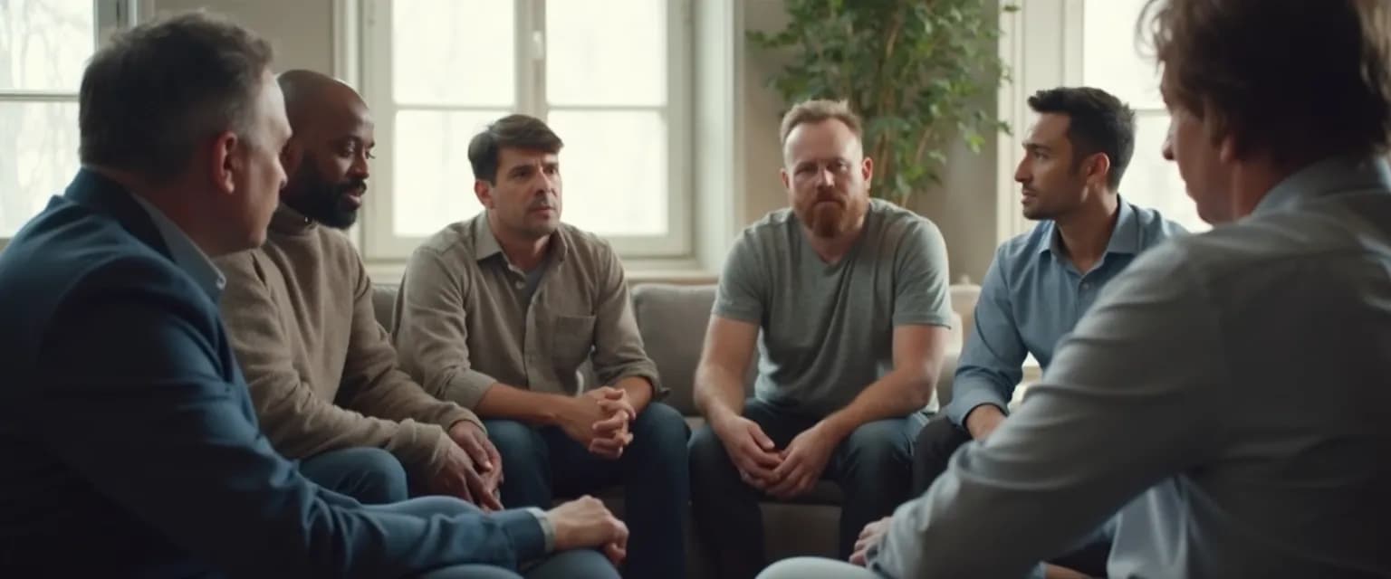 Men participating in a supportive grief group session sharing experiences