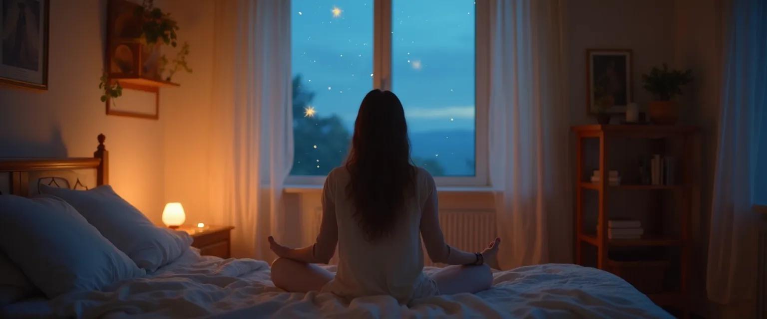 Person practicing simple bedtime meditation and sleep techniques in comfortable bedroom