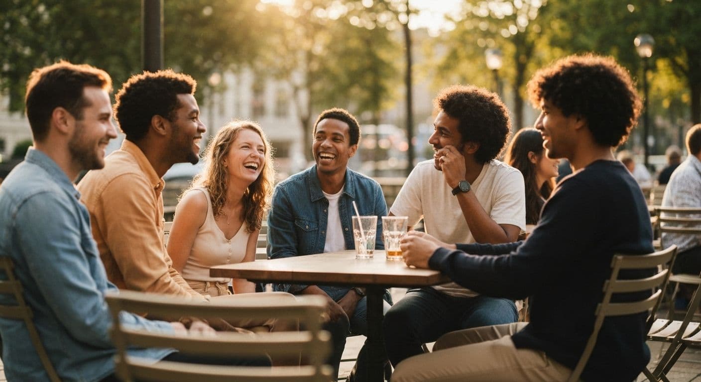 Person smiling while meeting friends at a coffee shop, representing healing after a breakup through authentic social connections