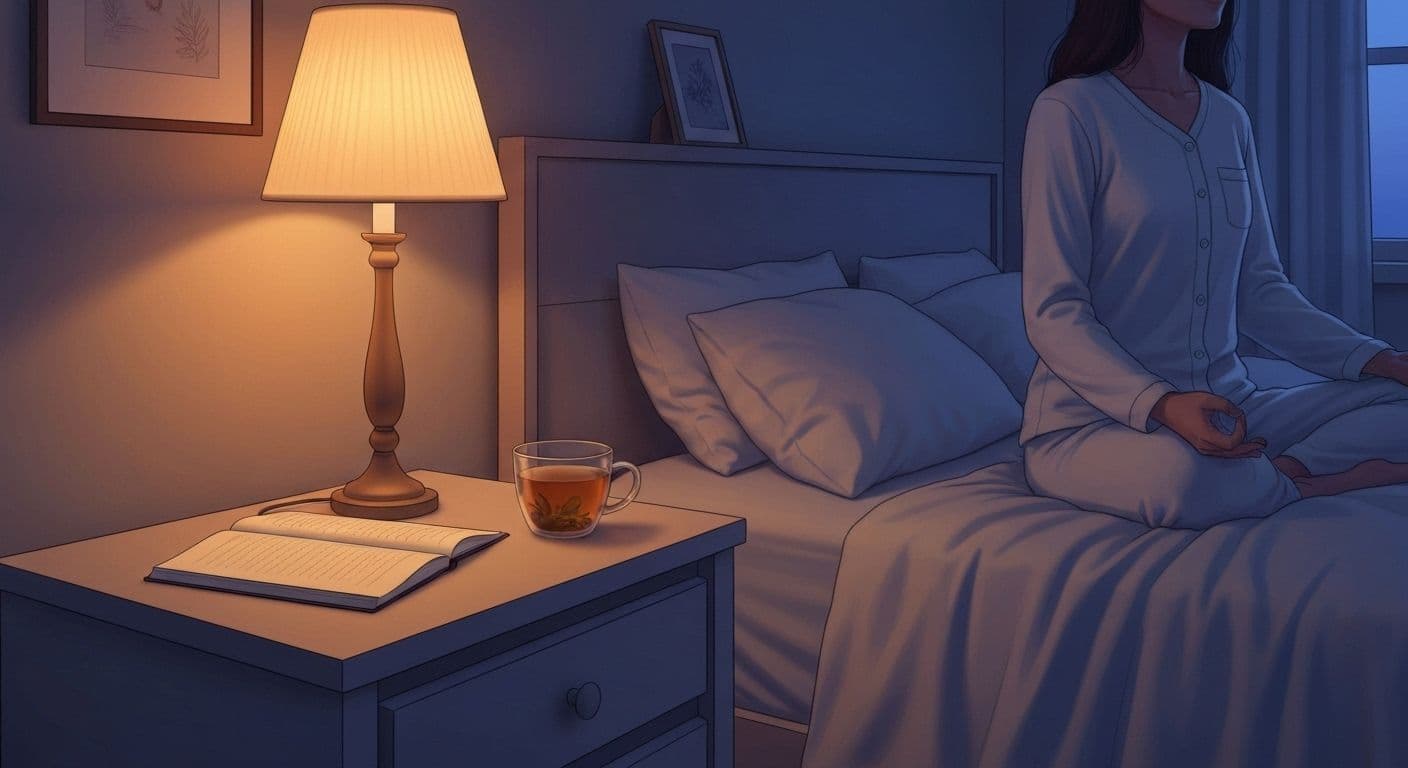 Person practicing mindfulness for sleep with peaceful evening routine in calm bedroom setting