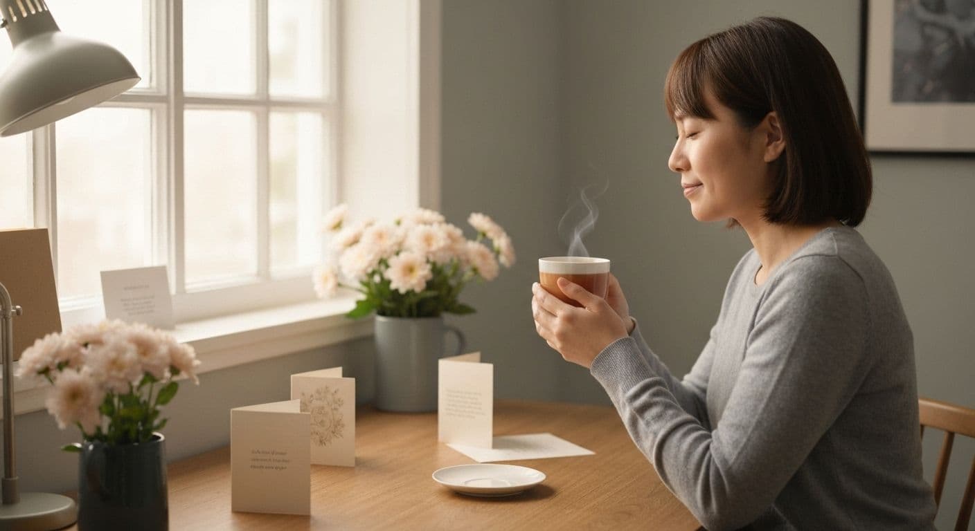 Person writing simple sympathy card messages thank you notes at desk with supportive hand on shoulder