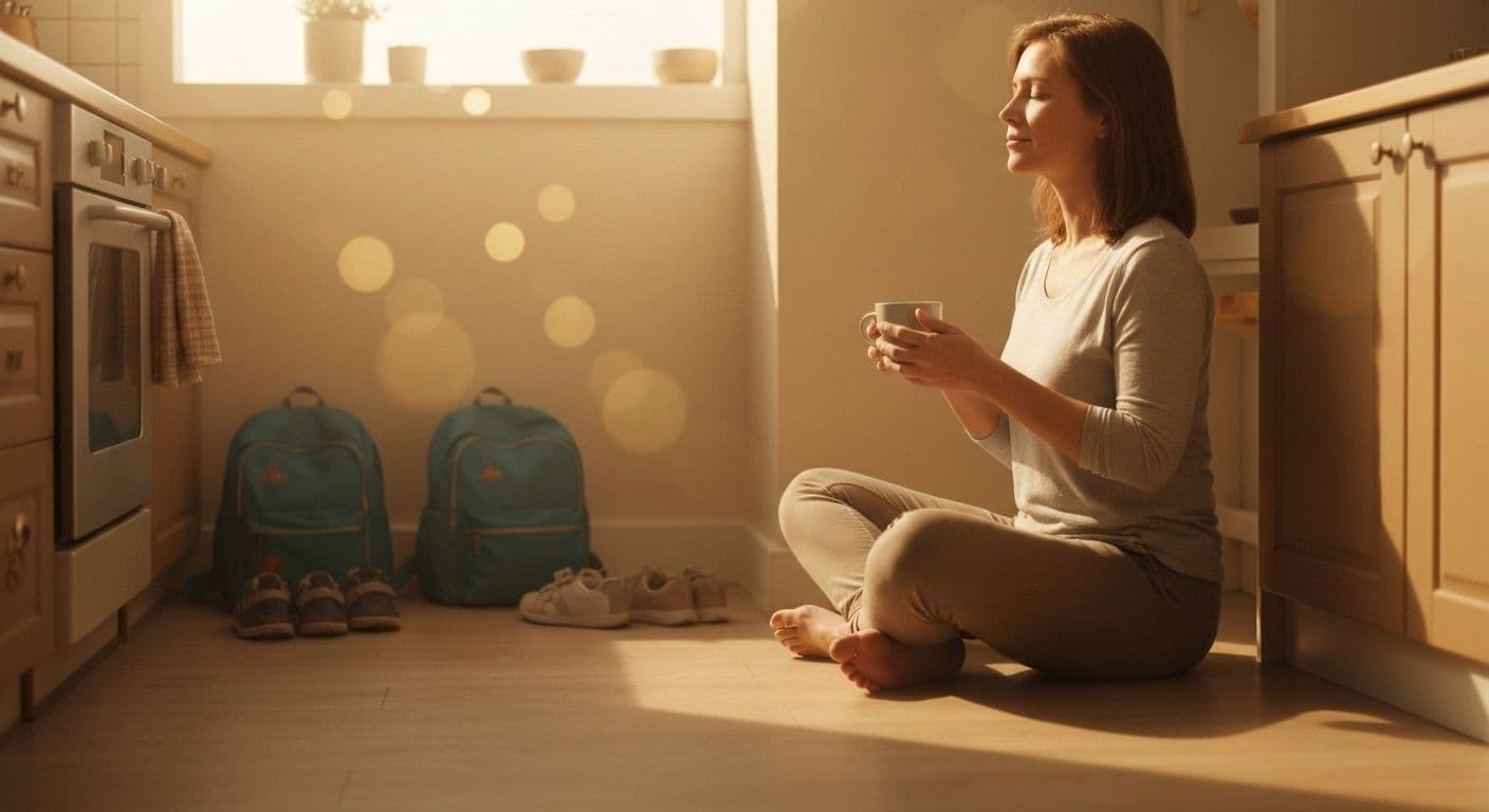 Busy parent creating mindful moments during daily routine with children at home