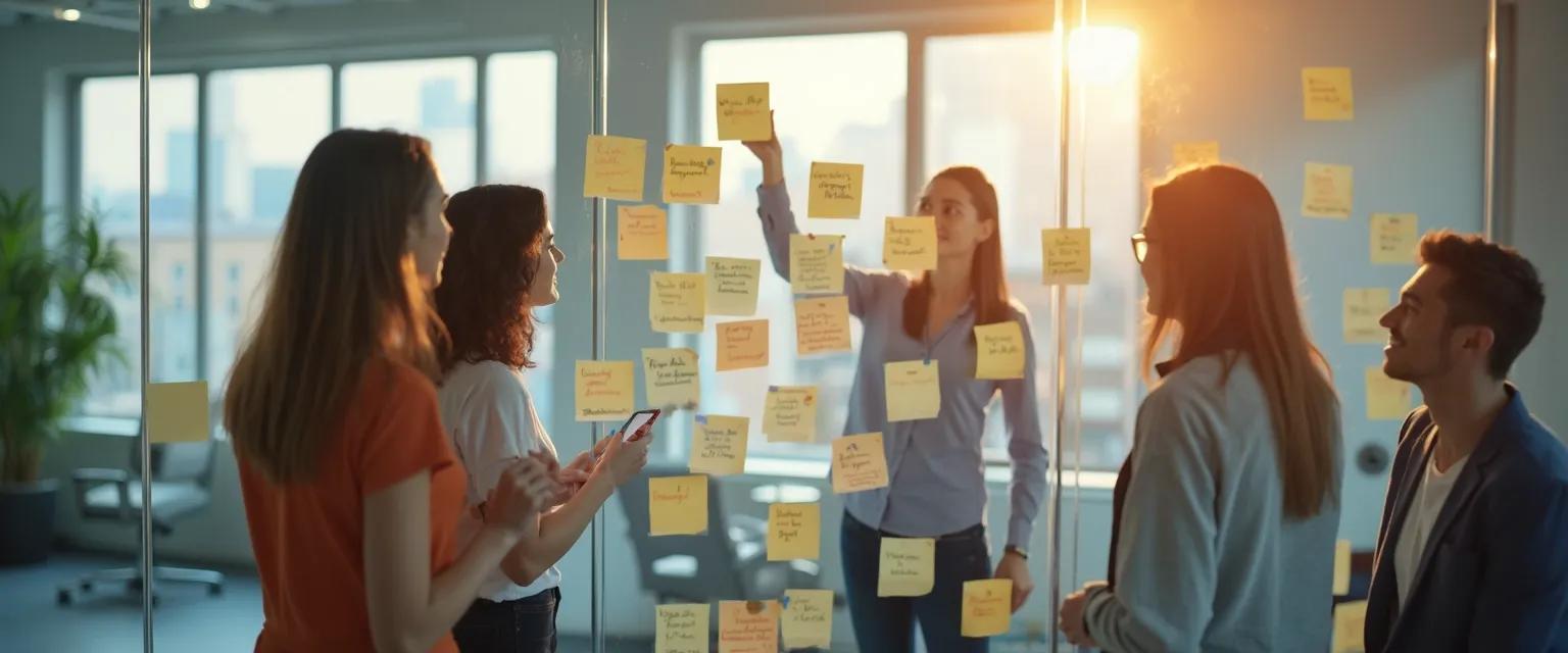 Professional using self and social awareness skill descriptions in a collaborative workplace meeting