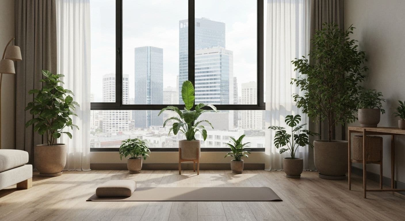 Urban apartment with indoor plants and window view for mindgreen practice