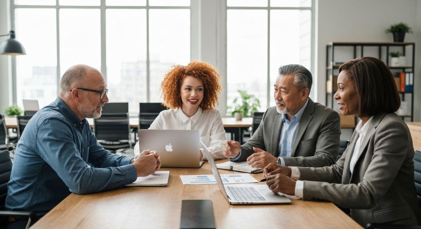 Team members practicing social awareness and relationship management skills during workplace meeting