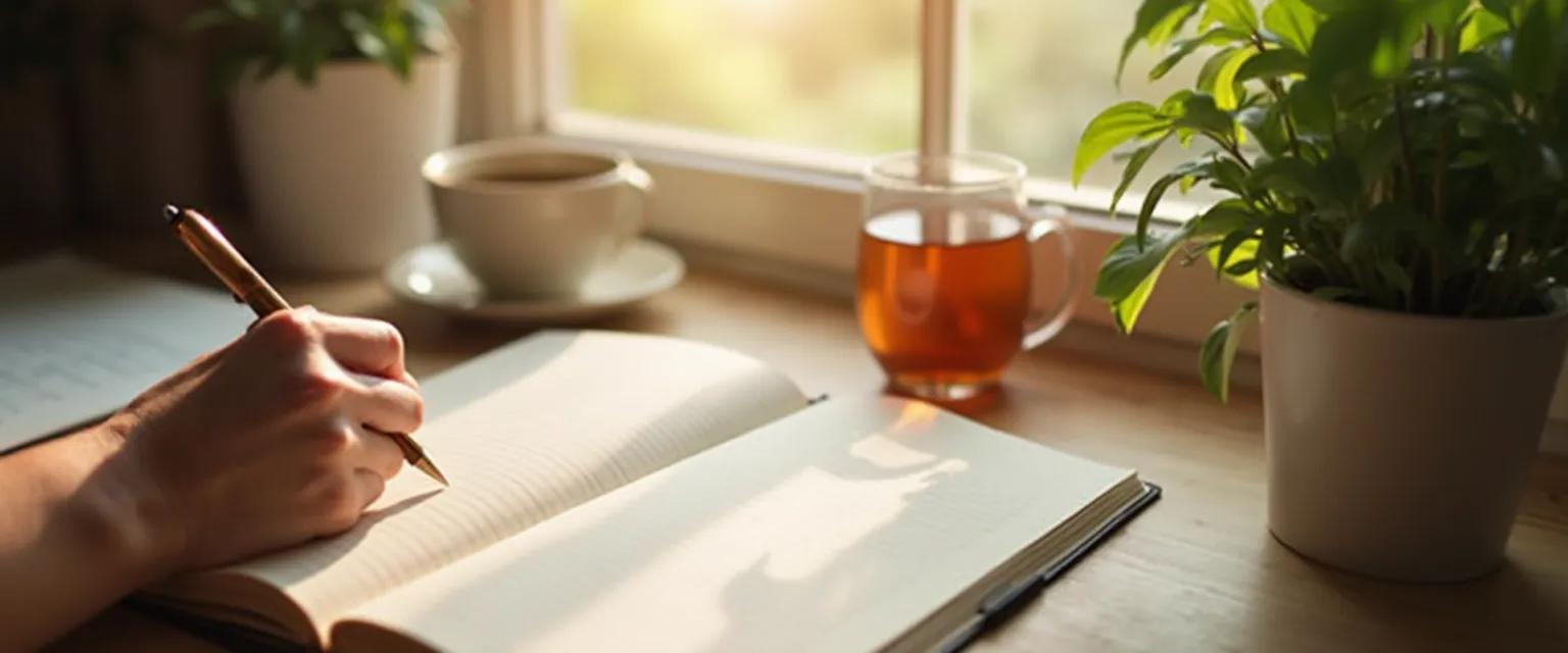 Person writing in their happy confident me journal with a smile in just 5 minutes