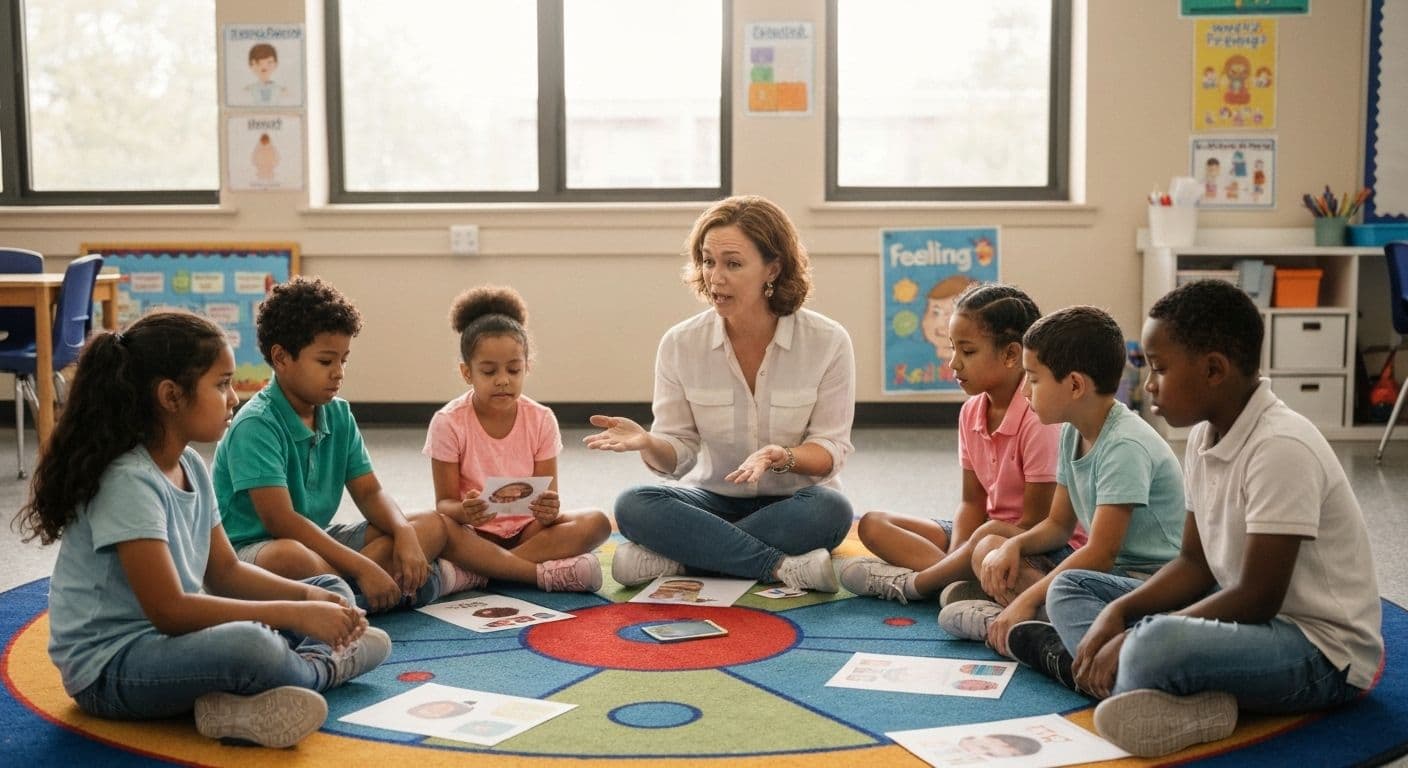 Teacher implementing self-awareness SEL activities with diverse students in classroom setting