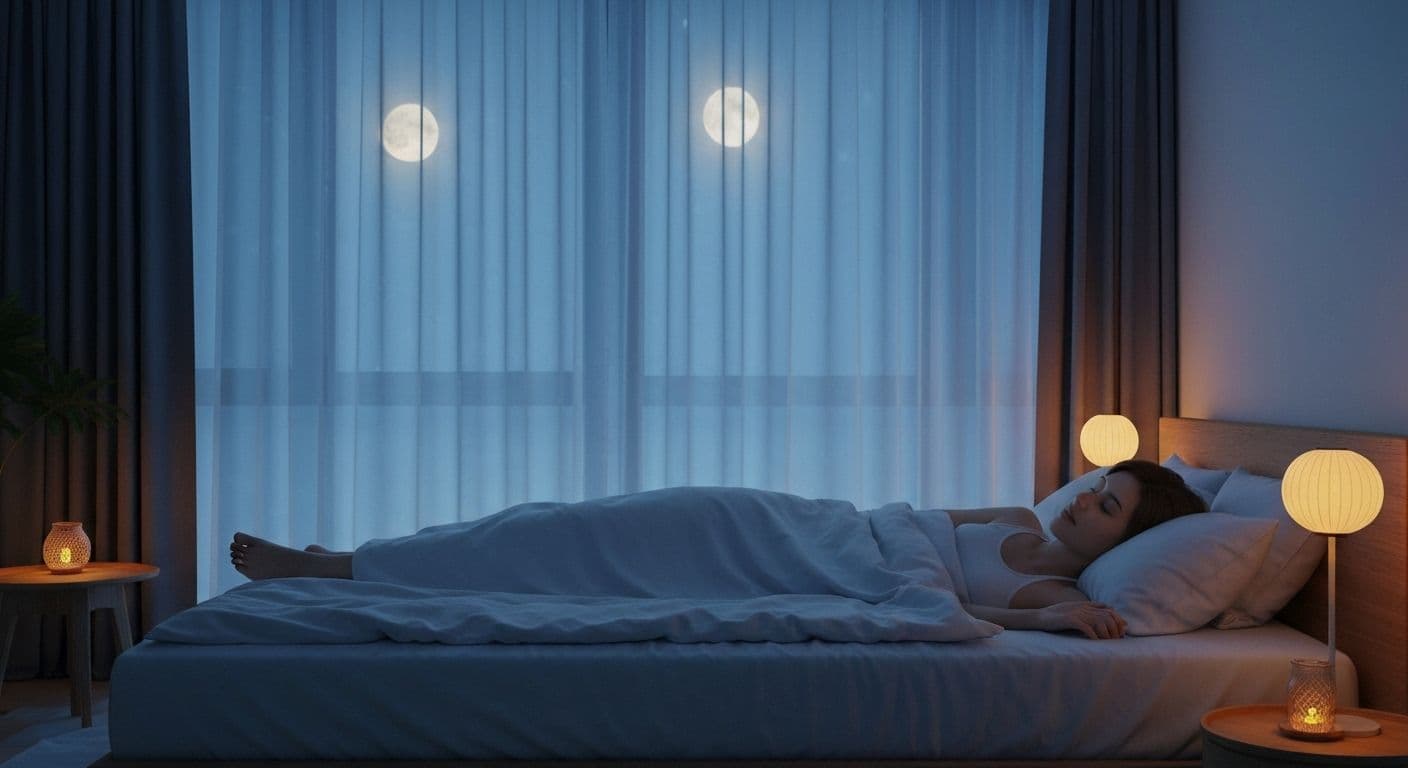 Person practicing calming meditation and sleep techniques in dimly lit bedroom