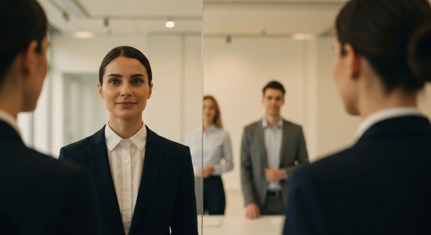 Professional demonstrating public self-awareness during workplace meeting by reading room dynamics and adjusting communication style