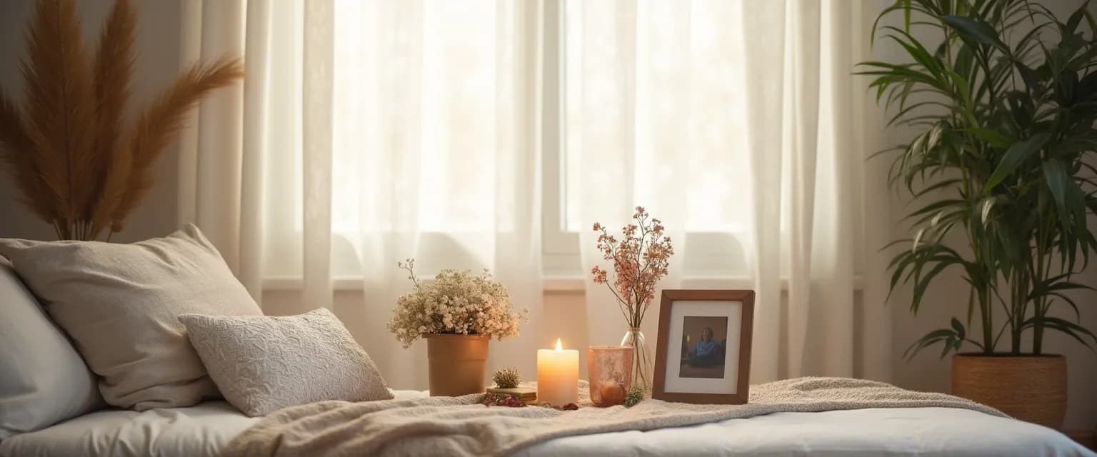 Peaceful home grieving meditation space with meaningful personal items and calming elements