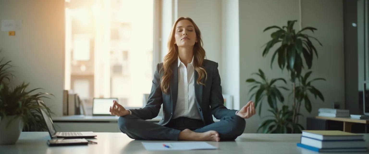 Professional practicing mindfulness in plain English at desk with simple technique