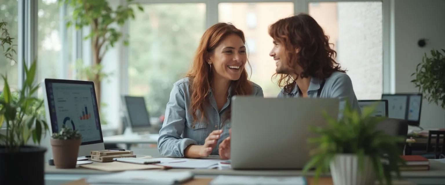 Professionals being mindful of others while collaborating in a busy workplace environment