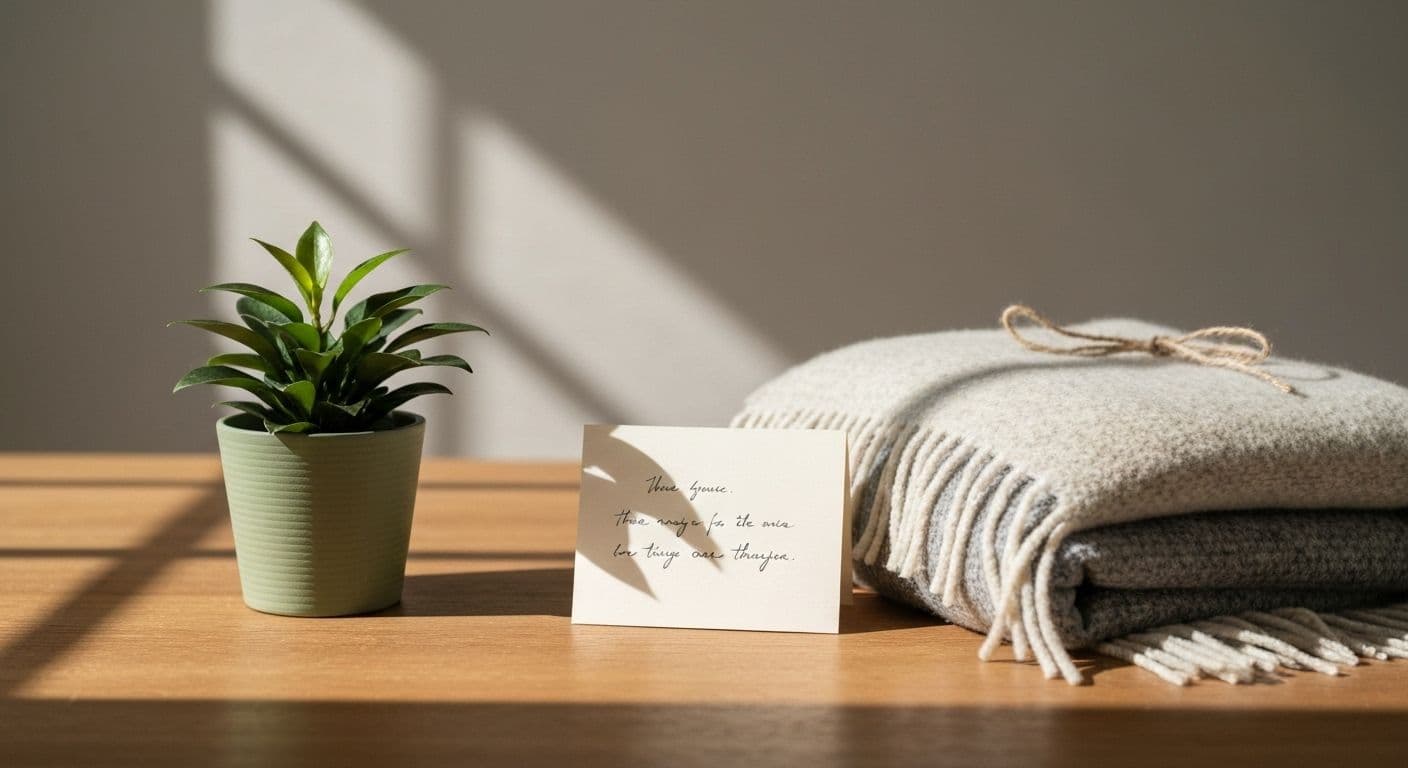 Thoughtful care package showing what to give a grieving friend including comfort items and sympathy card