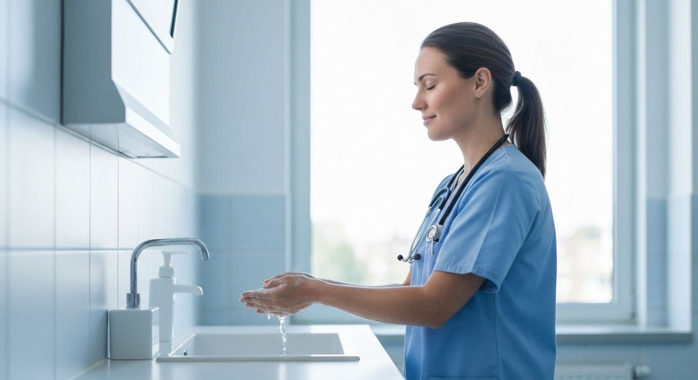 NHS healthcare worker practicing mindfulness during handwashing break in clinical setting