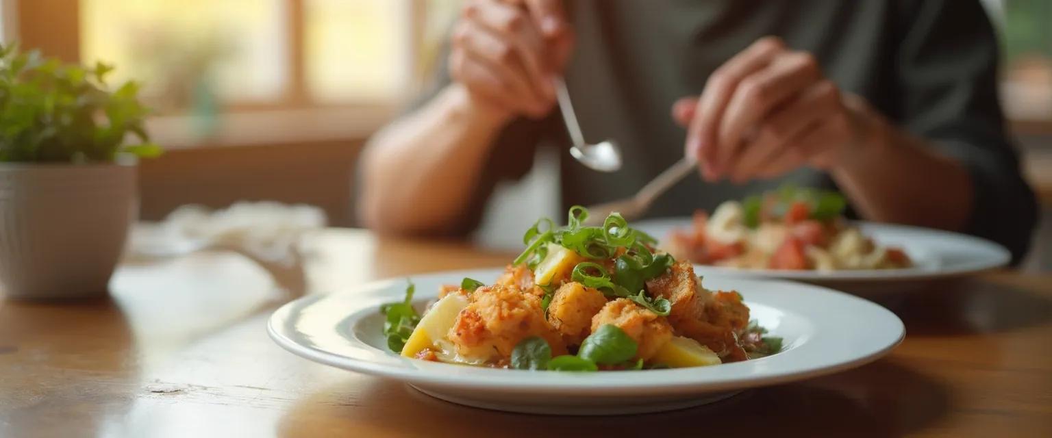 Woman practicing mindful eating using the practicing mind technique with a healthy meal