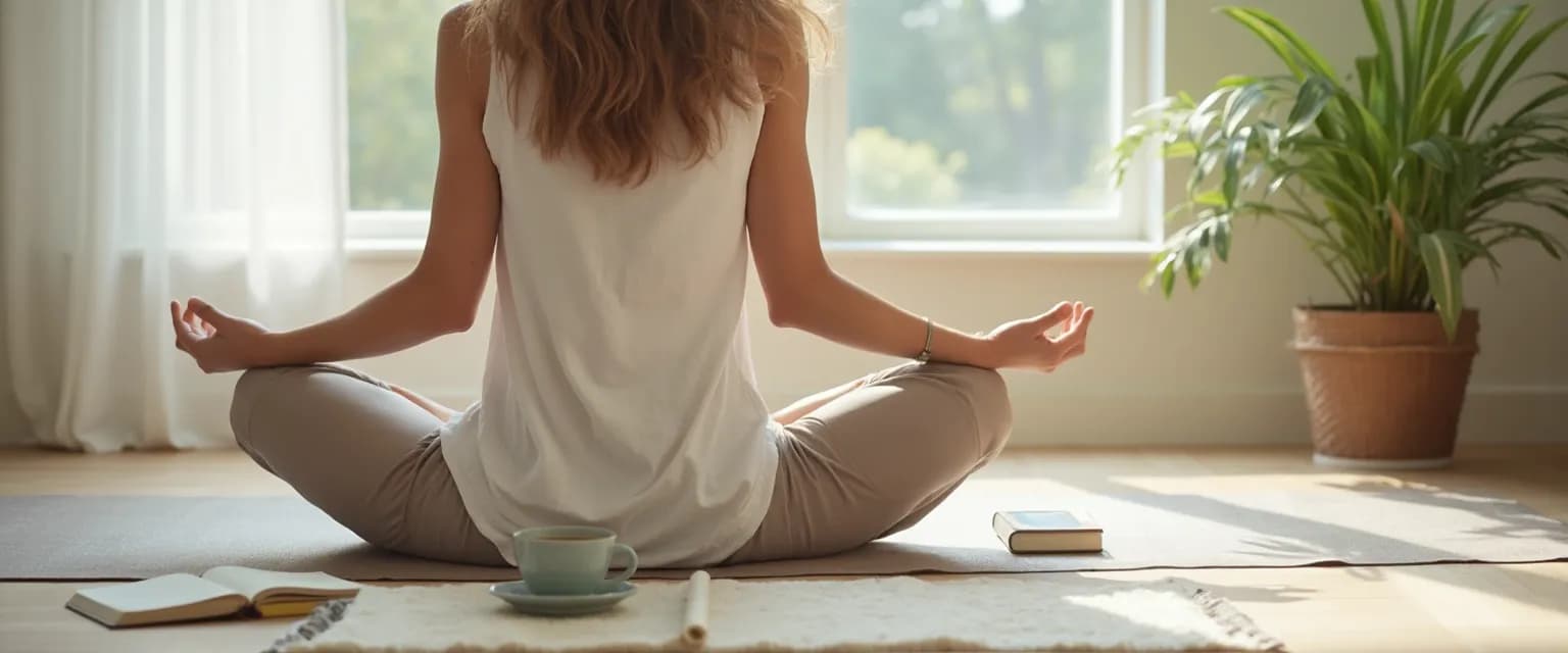 Woman practicing balanced self-care and self-awareness through mindful breathing outdoors