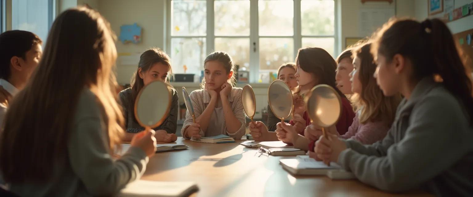 Middle school students practicing self-awareness exercises in classroom setting