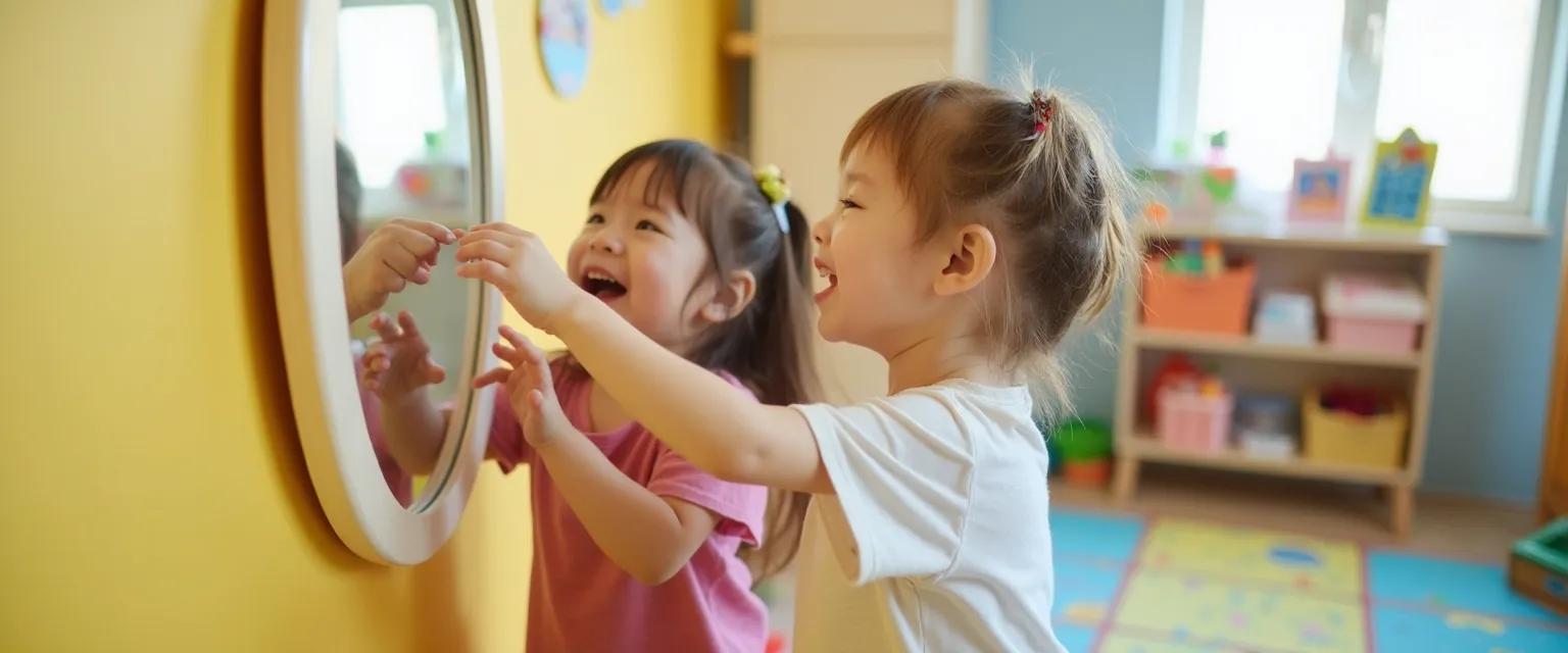 Preschooler learning self-awareness through mirror play activities