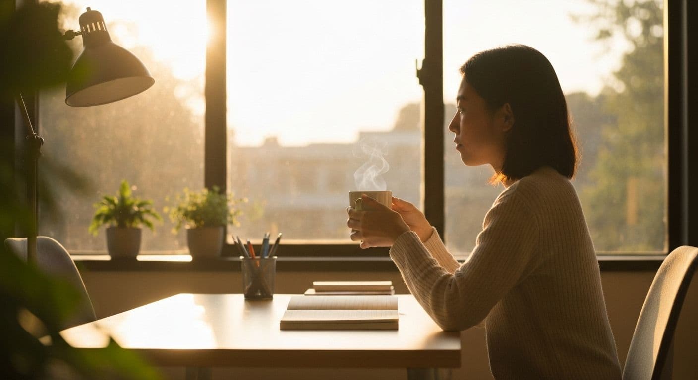 Person creating the right mindset for morning productivity with simple mental preparation techniques