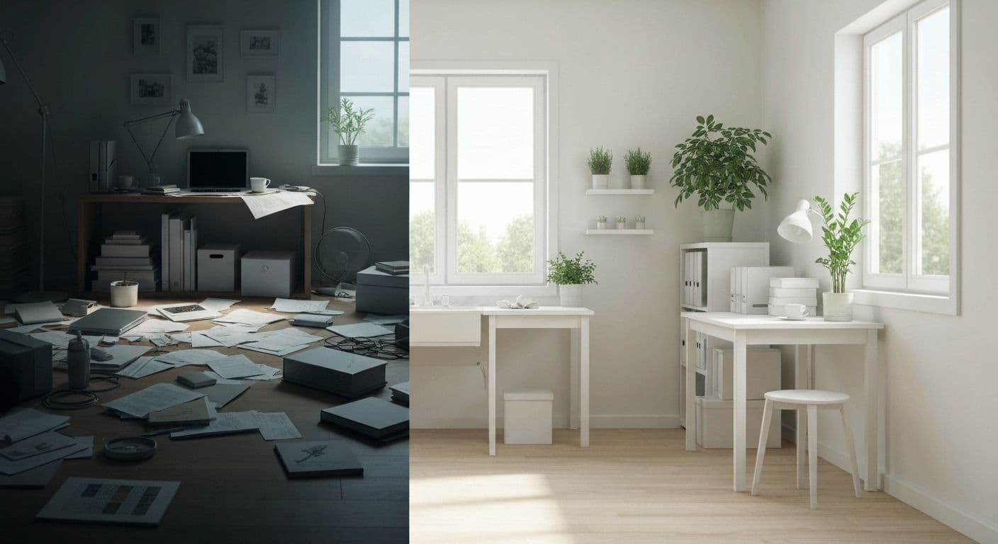 Organized, clutter-free room with natural lighting demonstrating how to find peace of mind through environmental design