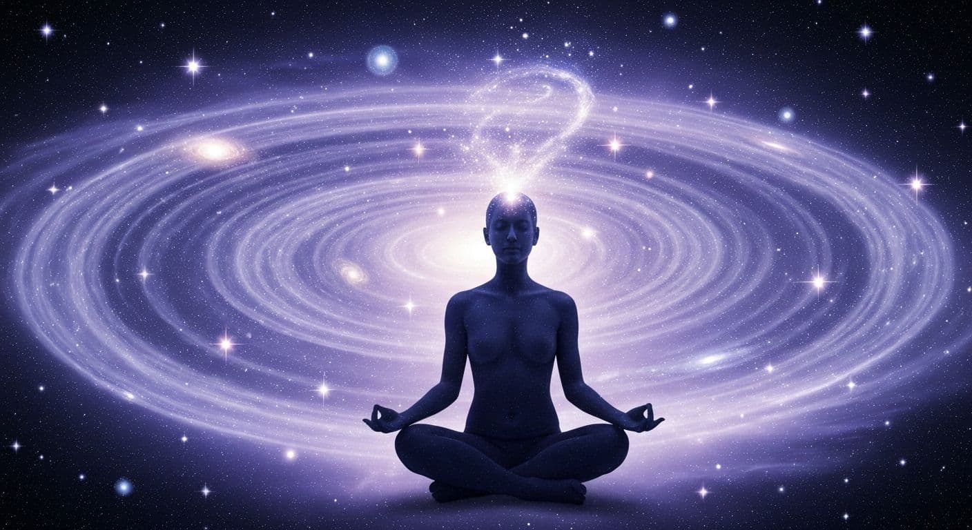 Person meditating peacefully to access cosmic mind consciousness during daily practice