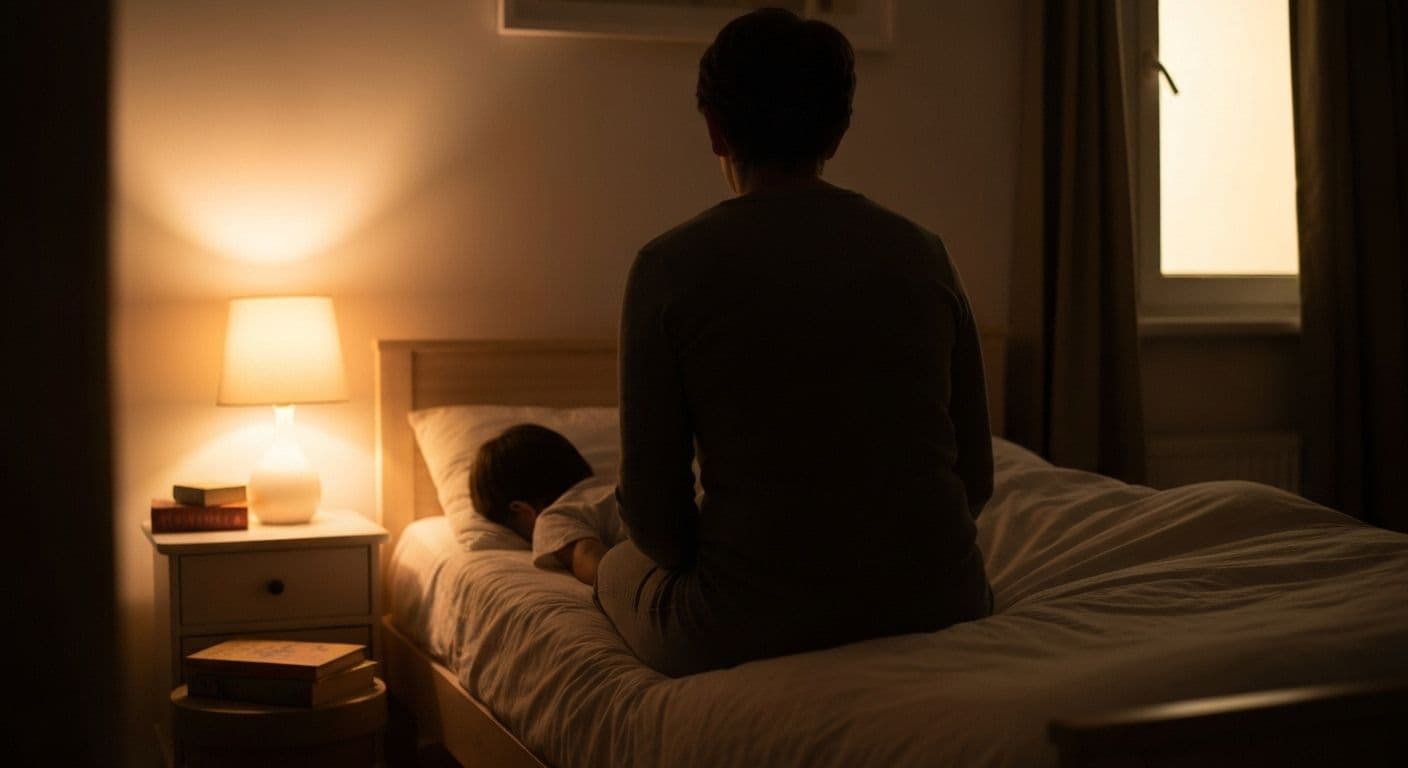 Parent practicing present moment awareness during bedtime routine with child reading story together