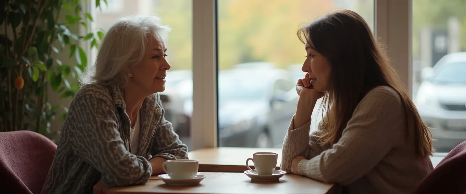 Adult child having a productive conversation with mother who has no self-awareness