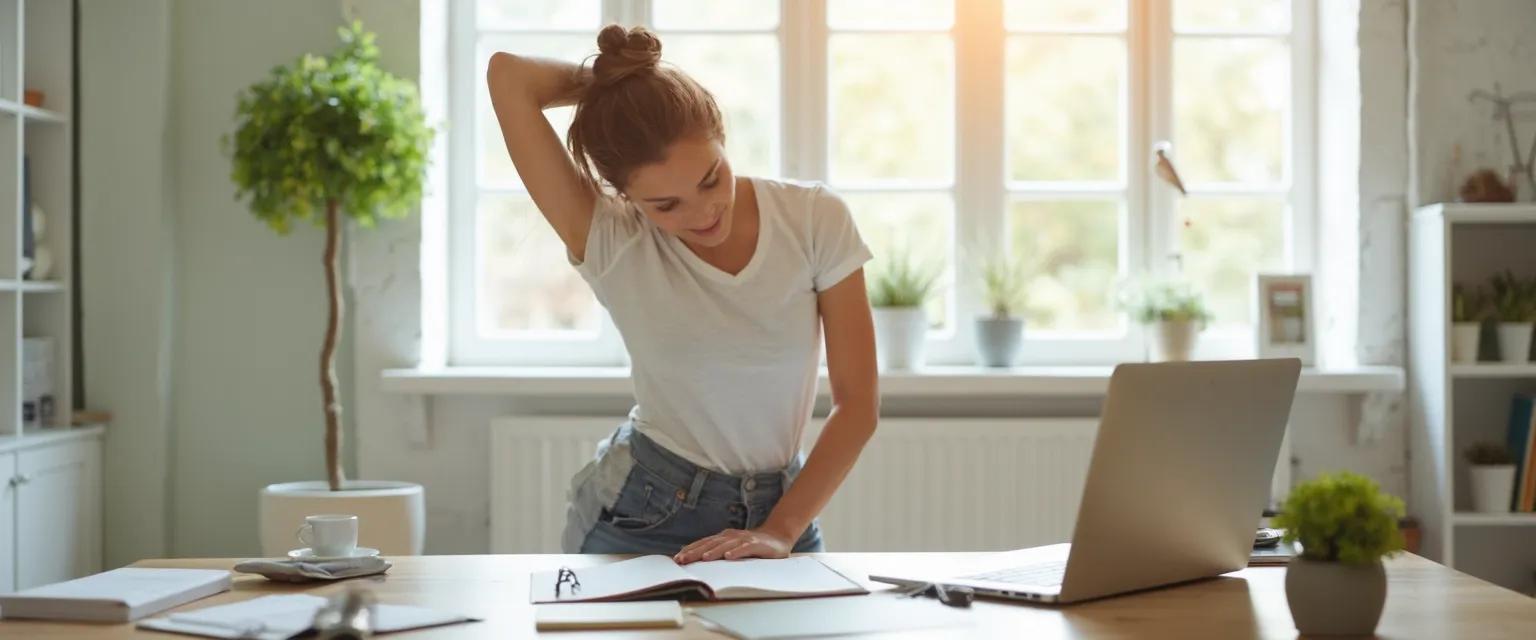 Office worker performing desk-based stretches for better health wellbeing at work