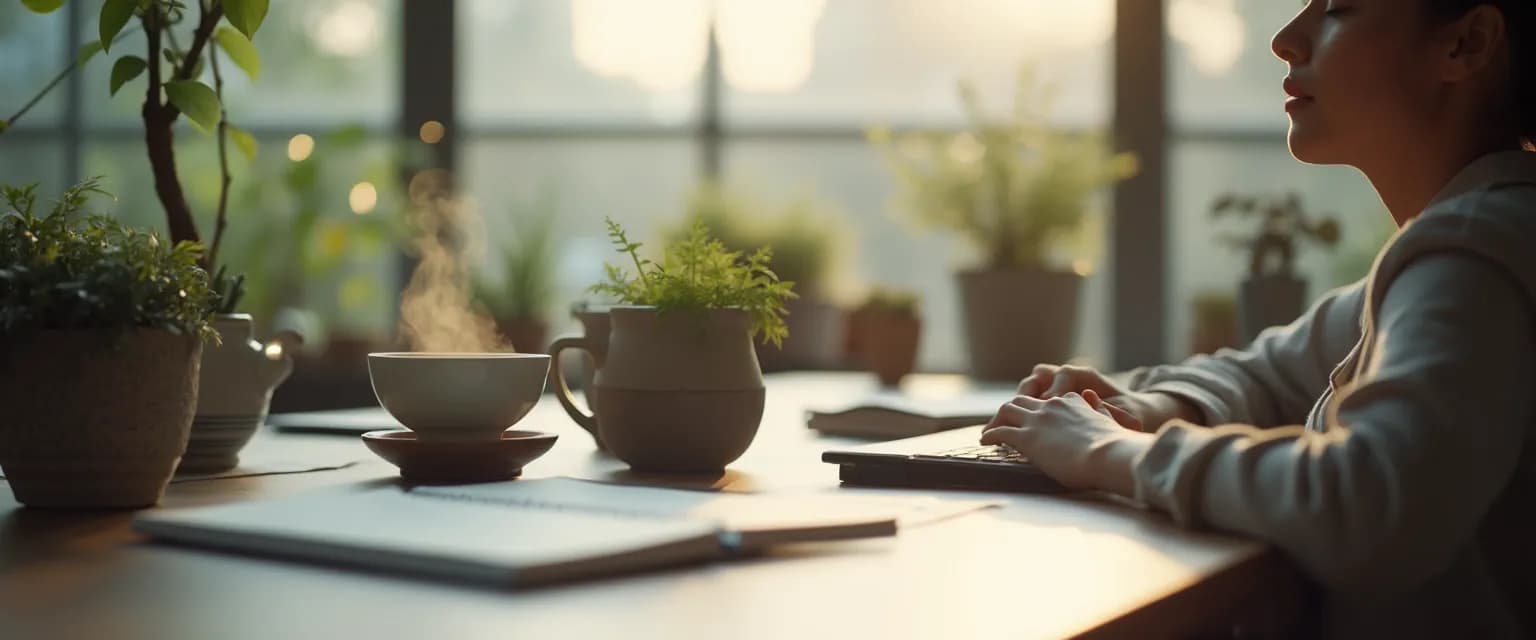 Professional taking a 5-minute mindfulness break during a hectic workday