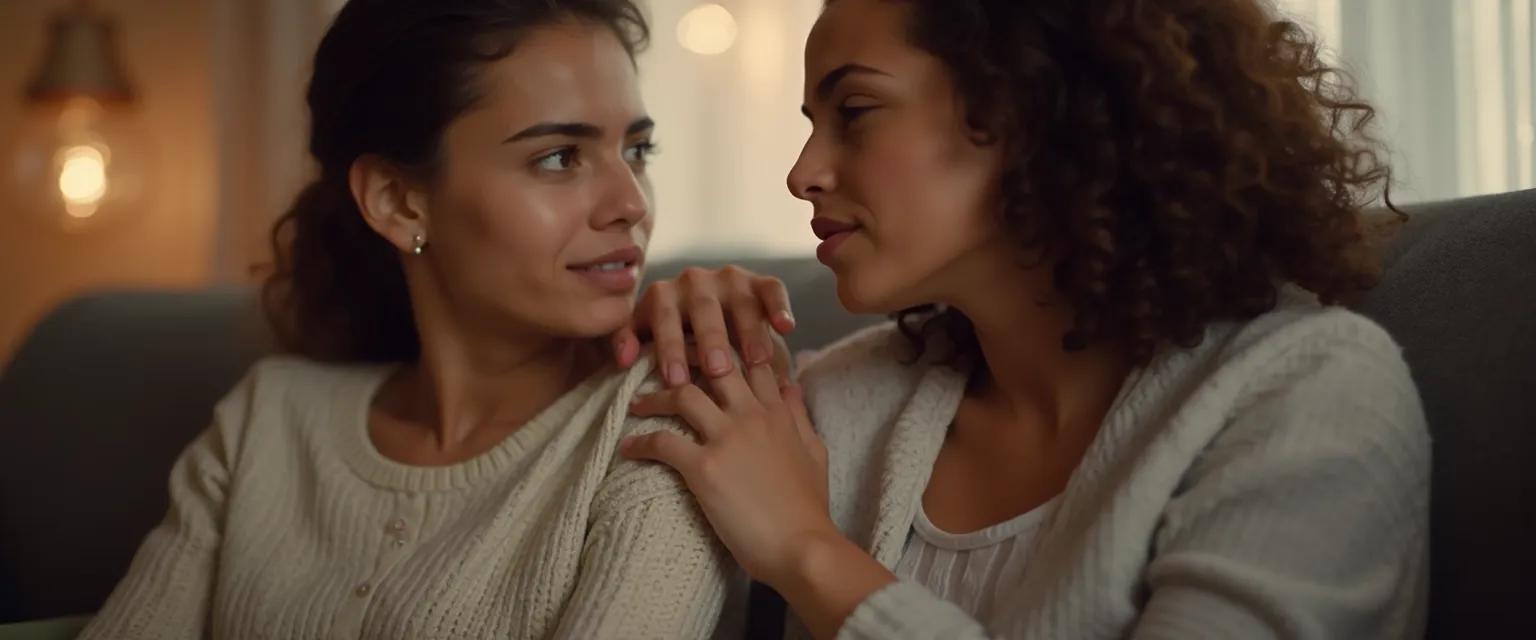 Two friends sitting together, one supportively helping a friend through a breakup with compassionate listening