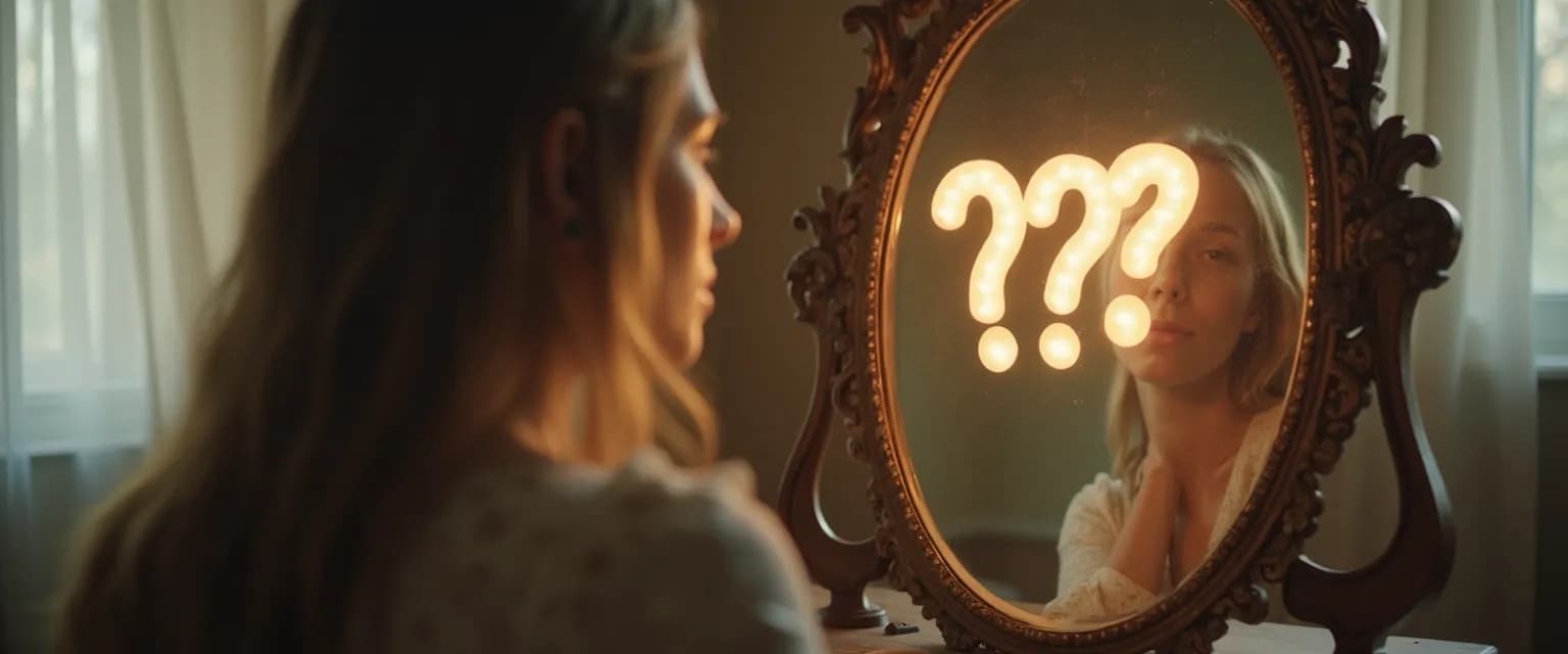 Person reflecting on EI self-awareness questions in front of a mirror