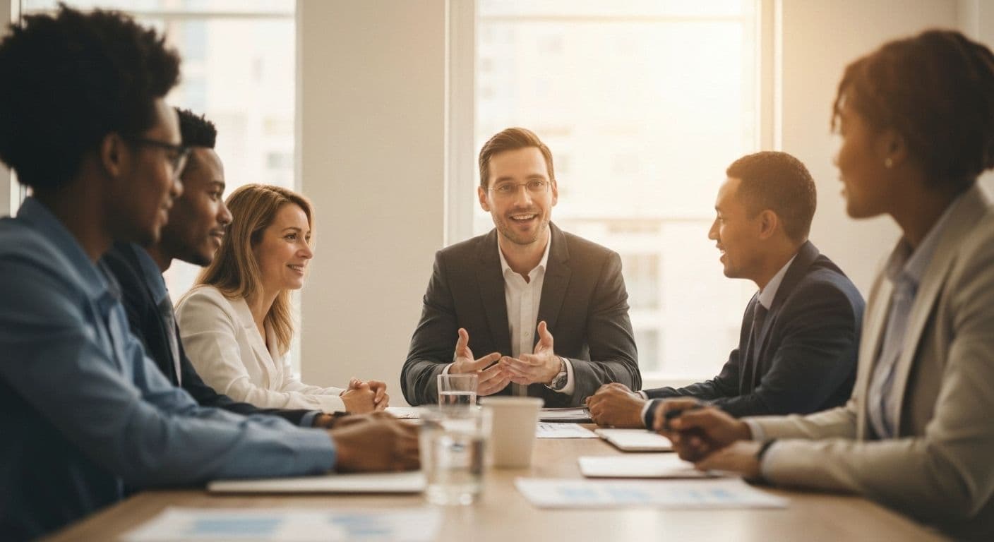 Professional demonstrating self-awareness, social awareness, self-management, and relationship management skills in workplace setting